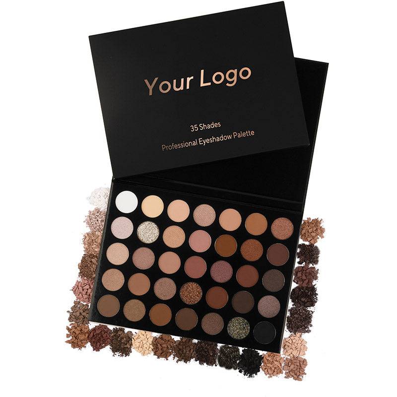 Eyeshadow palette with 35 shades and customizable branding on a white background